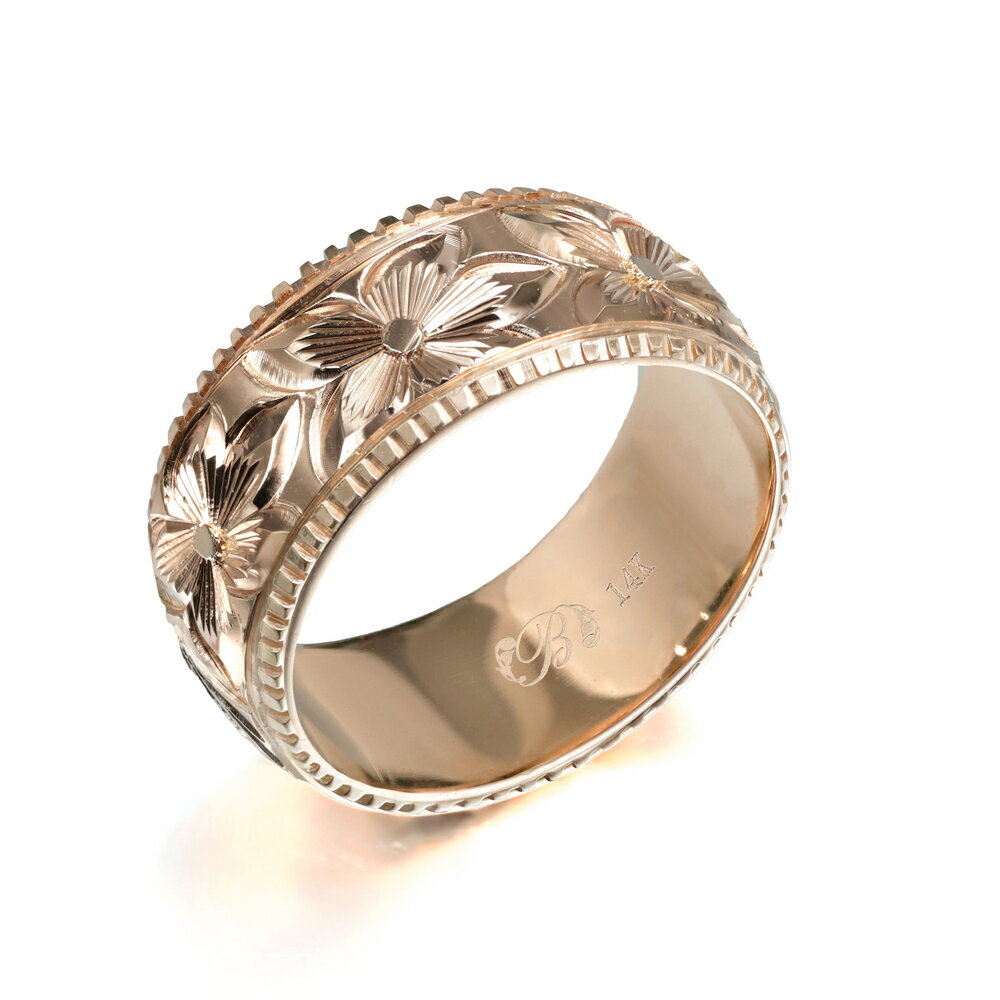 ハワイアンジュエリー オーダーメイド リング 幅8mm 厚み1.2mm バレル 14Kピンクゴールド プルメリア コインエッジ オーダーメイド リング 指輪 結婚指輪 マリッジリング | メンズ レディース 誕生日 クリスマス プレゼント 【品番：PB8D-D】
