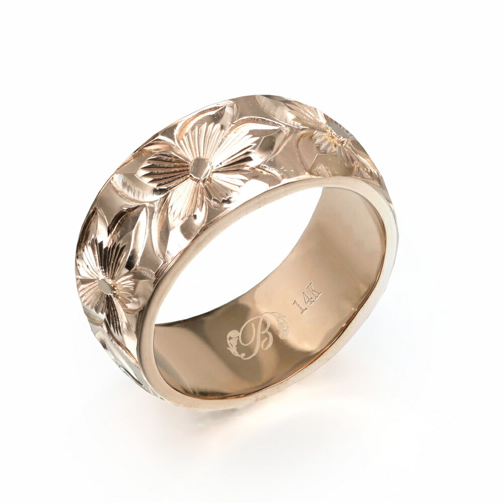 ハワイアンジュエリー オーダーメイド リング 幅8mm 厚み2mm バレル 14Kピンクゴールド プルメリア ノ..