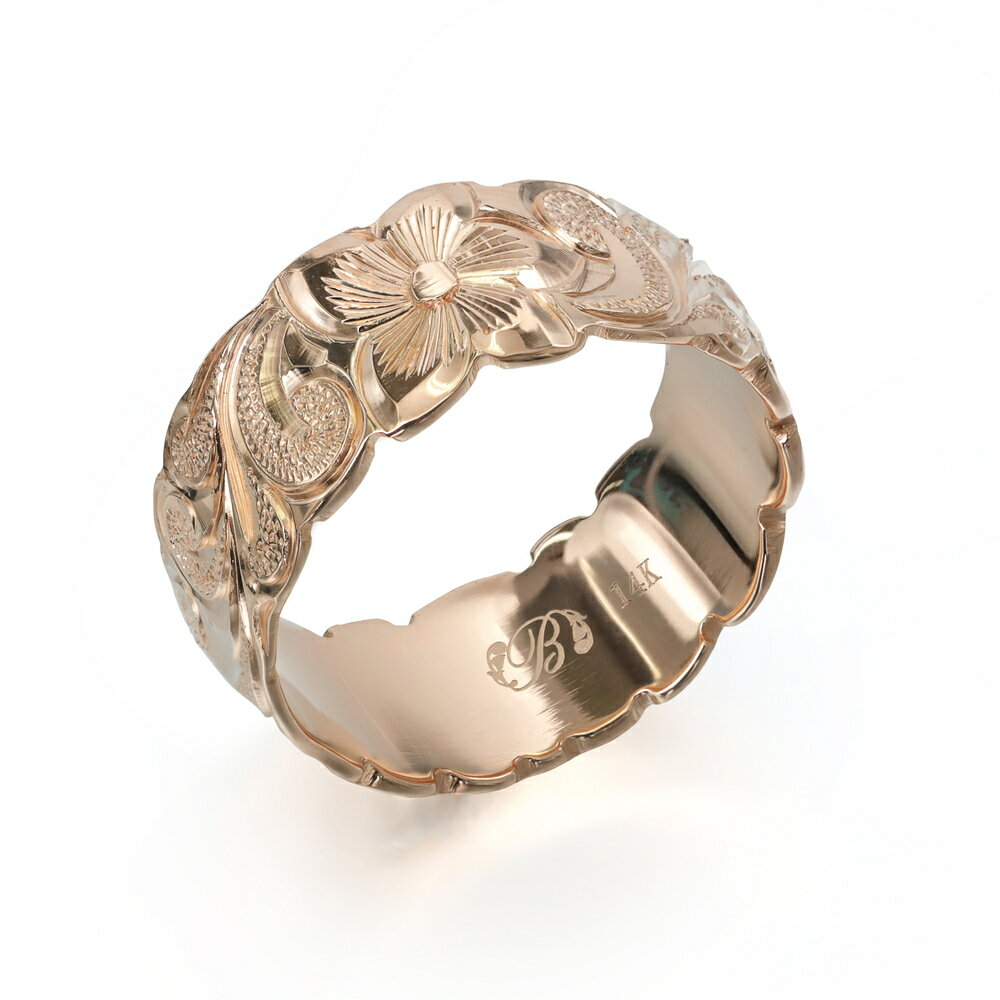 ハワイアンジュエリー オーダーメイド リング 幅8mm 厚み1.2mm バレル 14Kピンクゴールド カレイキニ ..