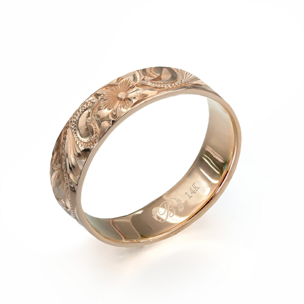 ハワイアンジュエリー オーダーメイド リング 幅4mm 厚み1.2mm フラット 14Kピンクゴールド スクロール ノーエッジ オーダーメイド リング 指輪 結...