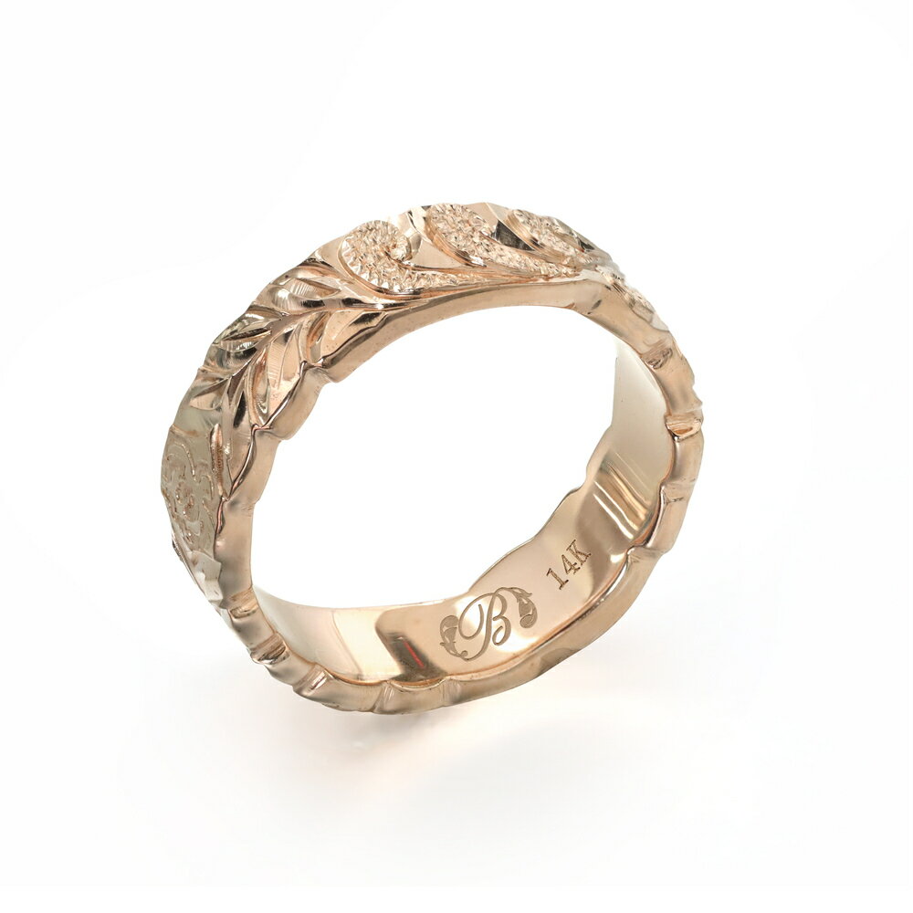 ハワイアンジュエリー オーダーメイド リング 幅4mm 厚み2mm フラット 14Kピンクゴールド マイレ＆カレイキニ カットアウト オーダーメイド リング 指輪 結婚指輪 マリッジリング | メンズ レディース 誕生日 プレゼント 【品番：PF4C-A20】