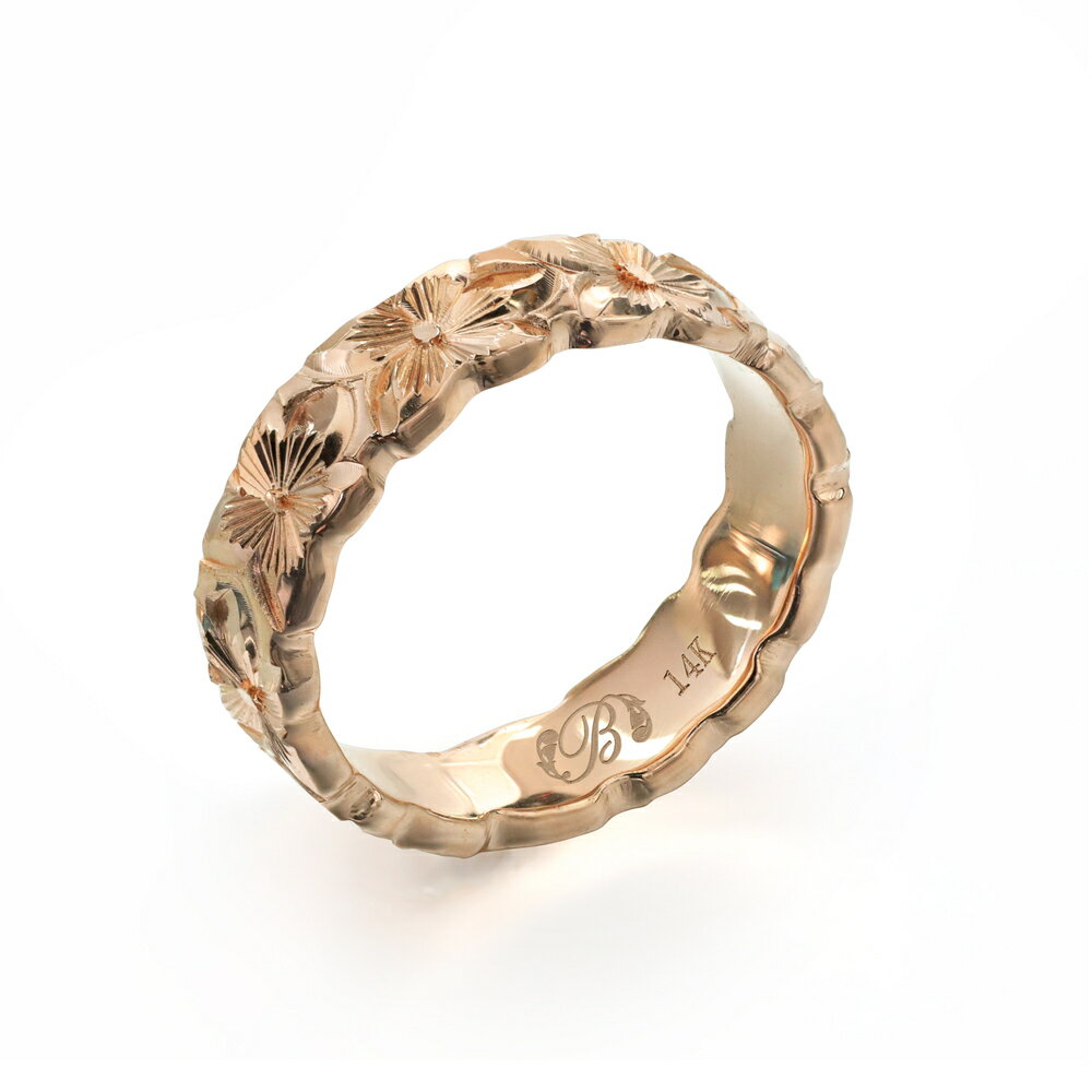 ハワイアンジュエリー オーダーメイド リング 幅4mm 厚み2mm フラット 14Kピンクゴールド プルメリア カットアウト オーダーメイド リング 指輪 結婚指輪 マリッジリング | メンズ レディース 誕生日 プレゼント 【品番：PF4D-A20】