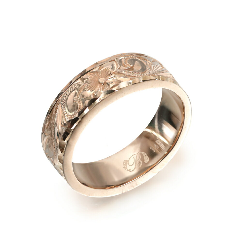 ハワイアンジュエリー オーダーメイド リング 幅6mm 厚み2mm フラット 14Kピンクゴールド スクロール ダイヤモンドカット オーダーメイド リング 指輪...