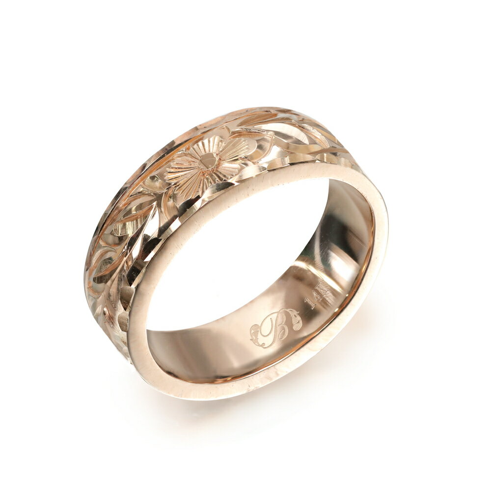 ハワイアンジュエリー オーダーメイド リング 幅6mm 厚み2mm フラット 14Kピンクゴールド マイレリーフ ダイヤモンドカット オーダーメイド リング 指...