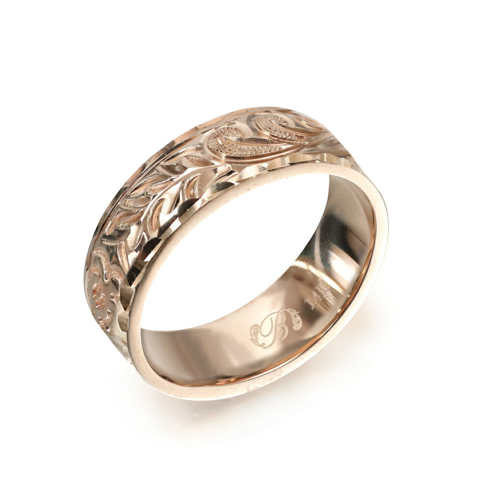 ハワイアンジュエリー オーダーメイド リング 幅6mm 厚み1.5mm フラット 14Kピンクゴールド マイレ&カレイキニ ダイヤモンドカット オーダーメイド ...