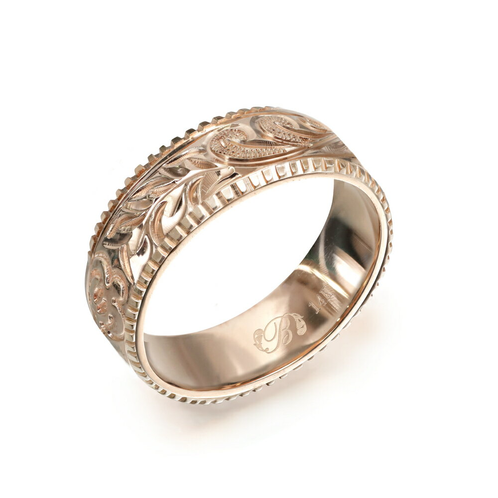 ハワイアンジュエリー オーダーメイド リング 幅6mm 厚み1.2mm フラット 14Kピンクゴールド マイレ&カレイキニ コインエッジ オーダーメイド リング...