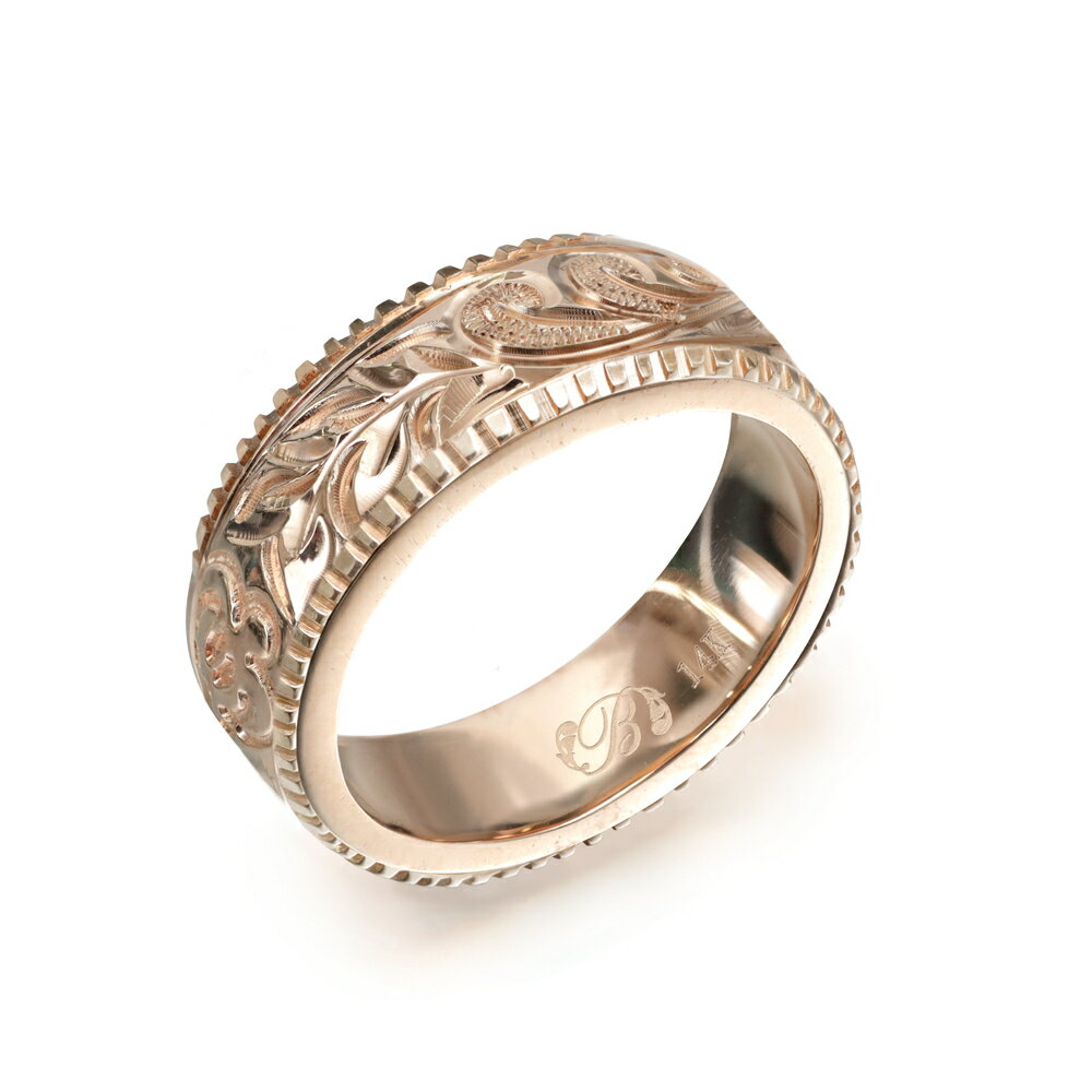 ハワイアンジュエリー オーダーメイド リング 幅6mm 厚み2mm フラット 14Kピンクゴールド マイレ＆カレイキニ コインエッジ オーダーメイド リング 指輪 結婚指輪 マリッジリング | メンズ レディース 誕生日 クリスマス プレゼント 【品番：PF6C-D20】