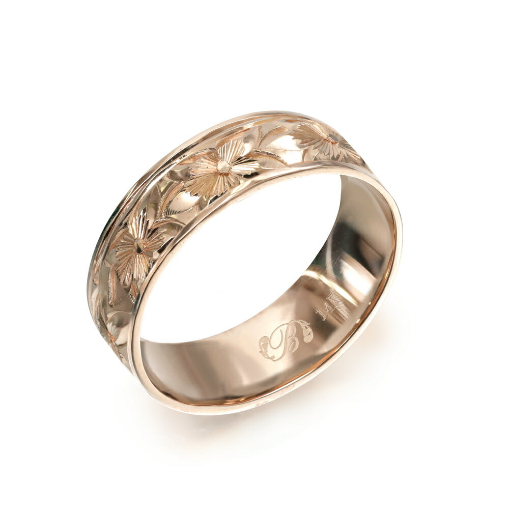 ハワイアンジュエリー オーダーメイド リング 幅6mm 厚み1.2mm フラット 14Kピンクゴールド プルメリア プレーン オーダーメイド リング 指輪 結婚指輪 マリッジリング | メンズ レディース 誕生日 クリスマス プレゼント 【品番：PF6D-B】
