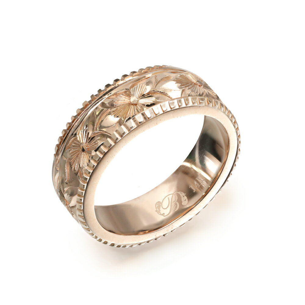 ハワイアンジュエリー オーダーメイド リング 幅6mm 厚み2mm フラット 14Kピンクゴールド プルメリア コインエッジ オーダーメイド リング 指輪 結婚...