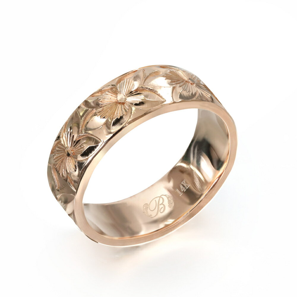 ハワイアンジュエリー オーダーメイド リング 幅6mm 厚み1.5mm フラット 14Kピンクゴールド プルメリア ノーエッジ オーダーメイド リング 指輪 結...