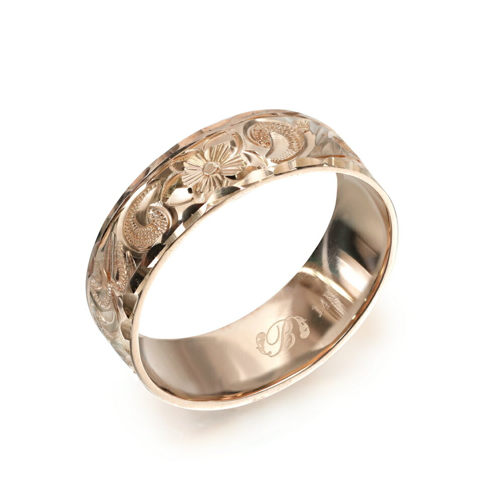 ハワイアンジュエリー オーダーメイド リング 幅6mm 厚み1.2mm フラット 14Kピンクゴールド カレイキニ ダイヤモンドカット オーダーメイド リング ...