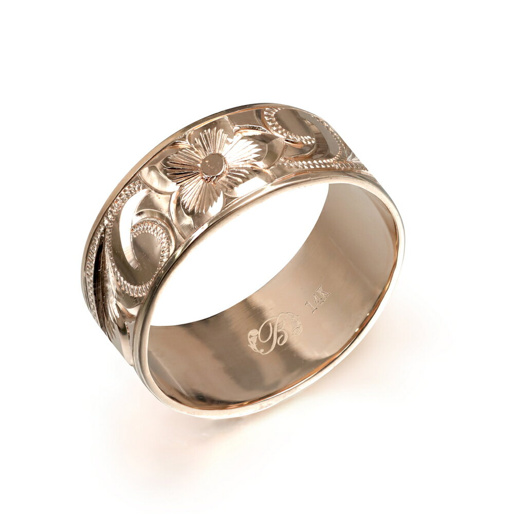 ハワイアンジュエリー オーダーメイド リング 幅8mm 厚み1.2mm フラット 14Kピンクゴールド スクロール プレーン オーダーメイド リング 指輪 結婚...