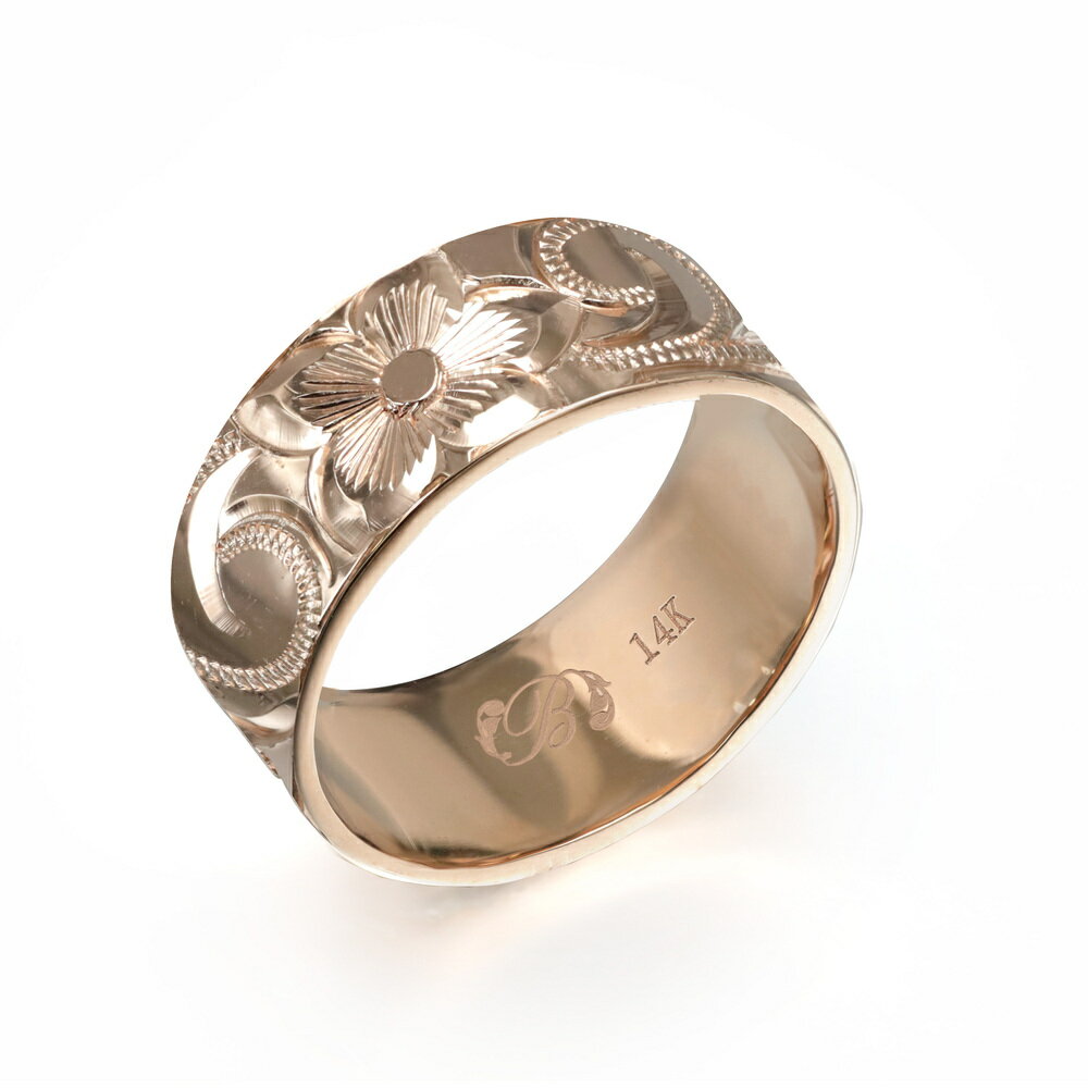 ハワイアンジュエリー オーダーメイド リング 幅8mm 厚み1.2mm フラット 14Kピンクゴールド スクロール ノーエッジ オーダーメイド リング 指輪 結...