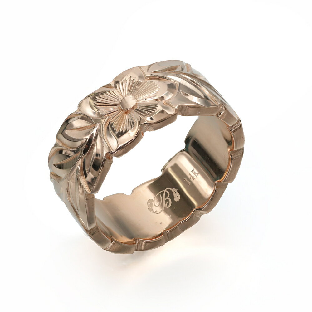 ハワイアンジュエリー オーダーメイド リング 幅8mm 厚み2mm フラット 14Kピンクゴールド マイレリーフ カットアウト オーダーメイド リング 指輪 結...