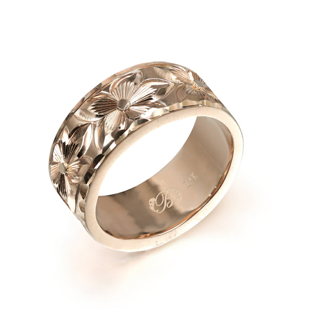 ハワイアンジュエリー オーダーメイド リング 幅8mm 厚み2mm フラット 14Kピンクゴールド プルメリア ダイヤモンドカット オーダーメイド リング 指輪...