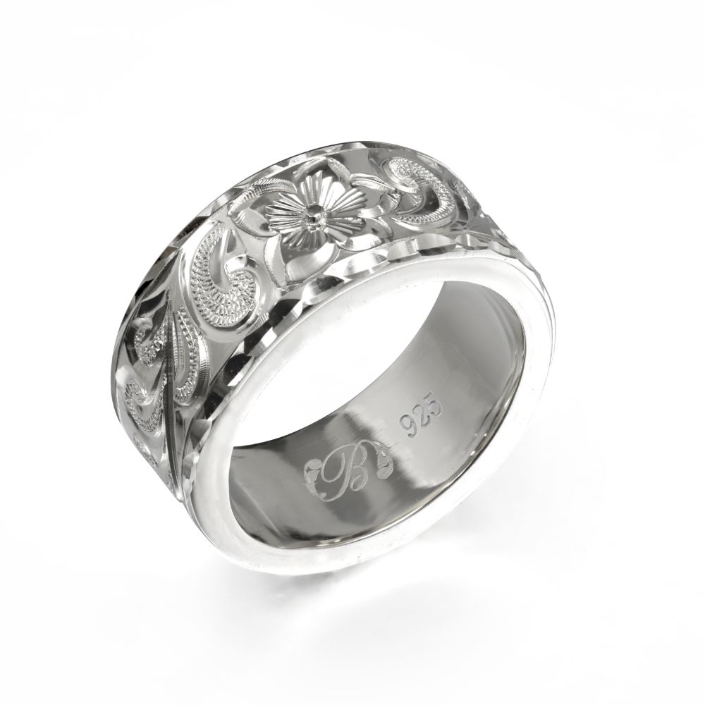 ハワイアンジュエリー オーダーメイド リング 幅8mm 厚み2mm フラット シルバー925 カレイキニ ダイヤモンドカット オーダーメイド リング 指輪 結婚...