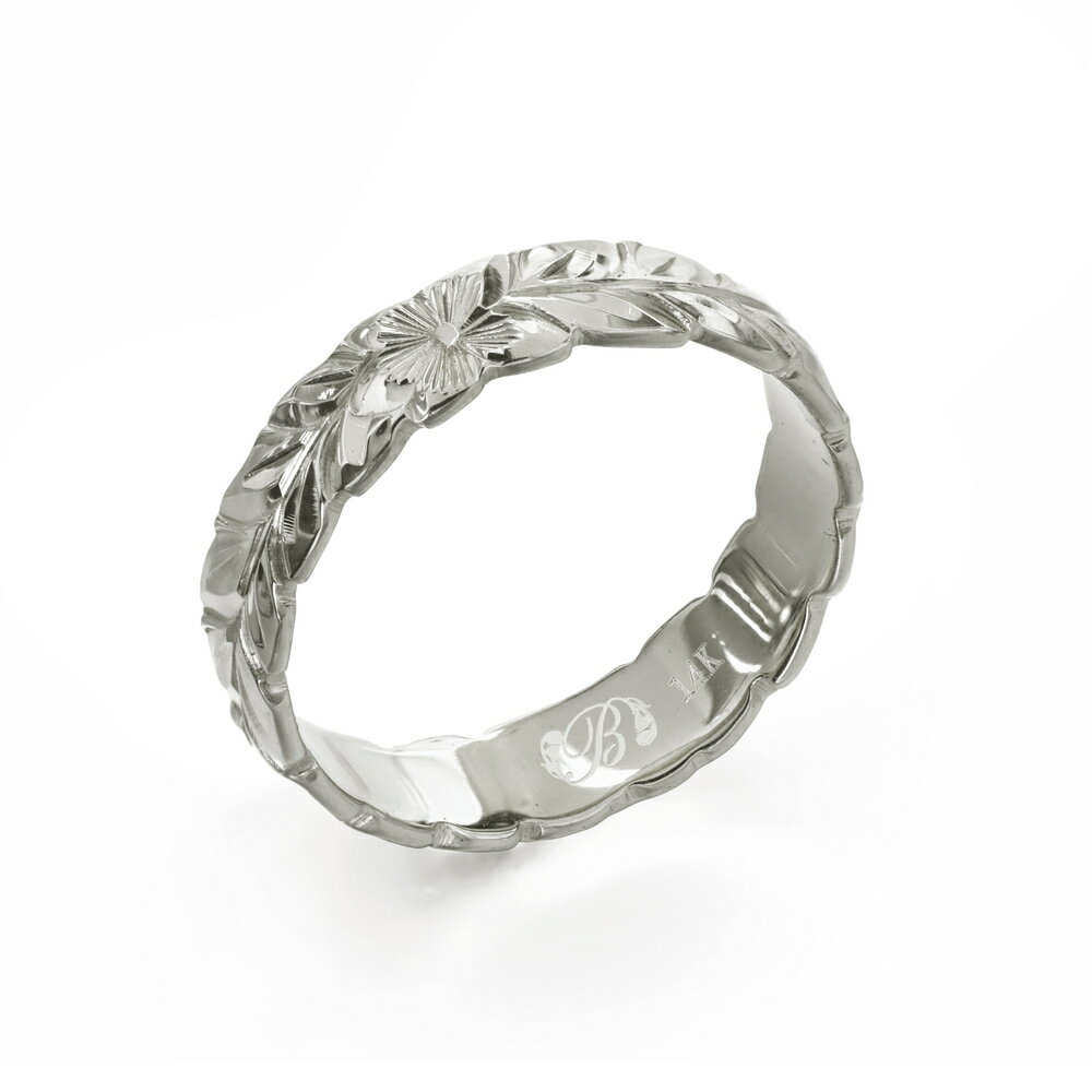 ハワイアンジュエリー オーダーメイド リング 幅4mm 厚み1.5mm バレル 14Kホワイトゴールド マイレリーフ カットアウト オーダーメイド リング 指輪...