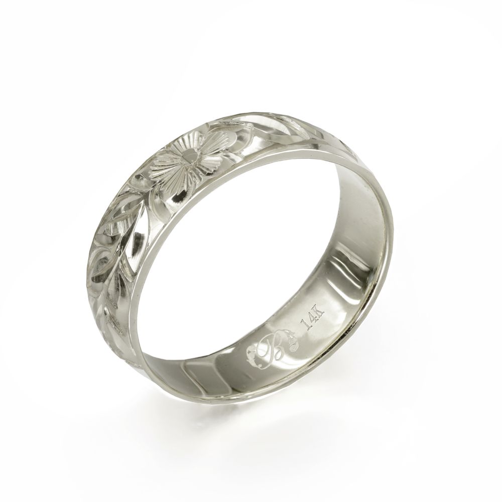 ハワイアンジュエリー オーダーメイド リング 幅4mm 厚み1.2mm バレル 14Kホワイトゴールド マイレリーフ ノーエッジ オーダーメイド リング 指輪 ...