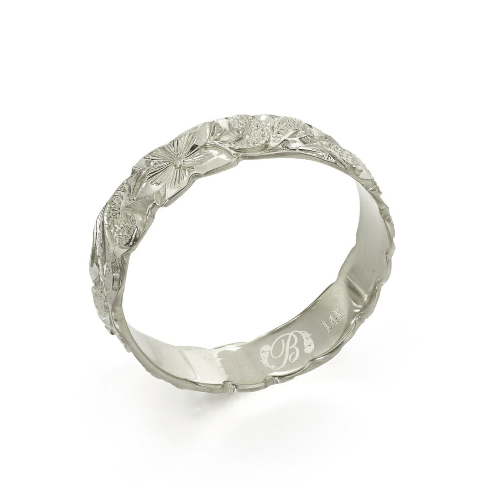 Rakuten - ハワイアンジュエリー オーダーメイド リング 幅4mm 厚み1.2mm バレル 14Kホワイトゴールド カレイキニ カットアウト オーダーメイド リング 指輪 結婚指輪 マリッジリング | メンズ レディース 誕生日 プレゼント 【品番：WB4E-A】