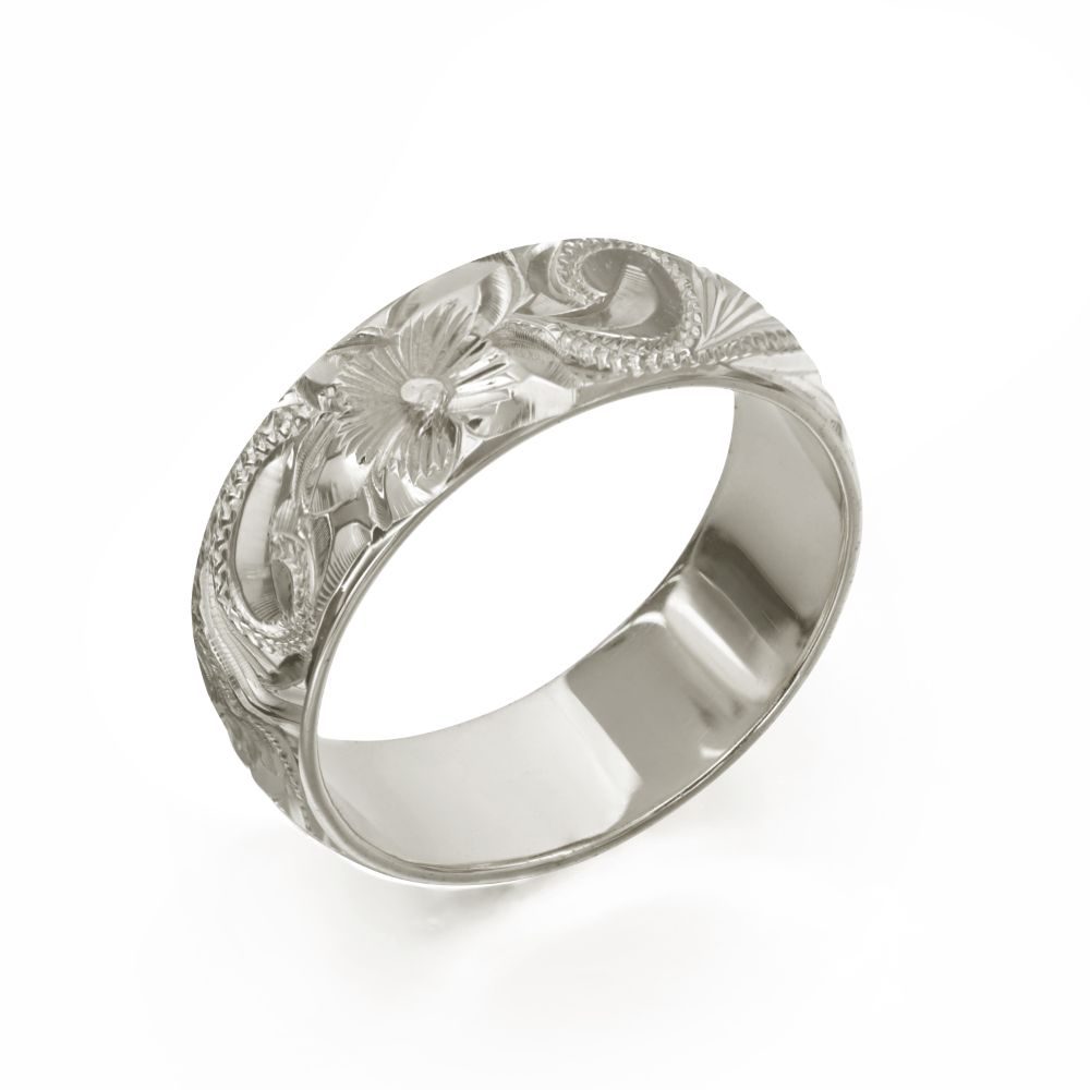 ハワイアンジュエリー オーダーメイド リング 幅6mm 厚み1.2mm バレル 14Kホワイトゴールド スクロール ノーエッジ オーダーメイド リング 指輪 結...