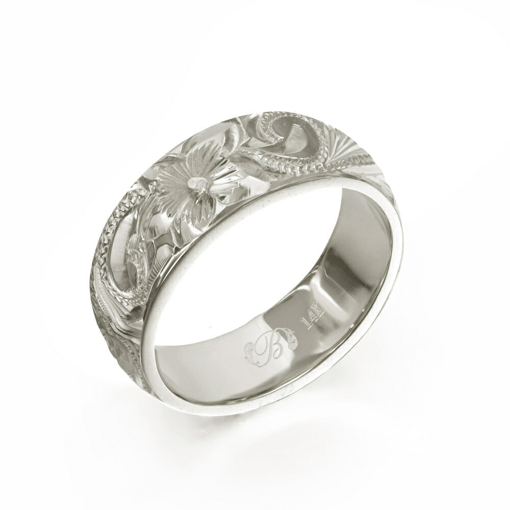 ハワイアンジュエリー オーダーメイド リング 幅6mm 厚み2mm バレル 14Kホワイトゴールド スクロール ノーエッジ オーダーメイド リング 指輪 結婚指...