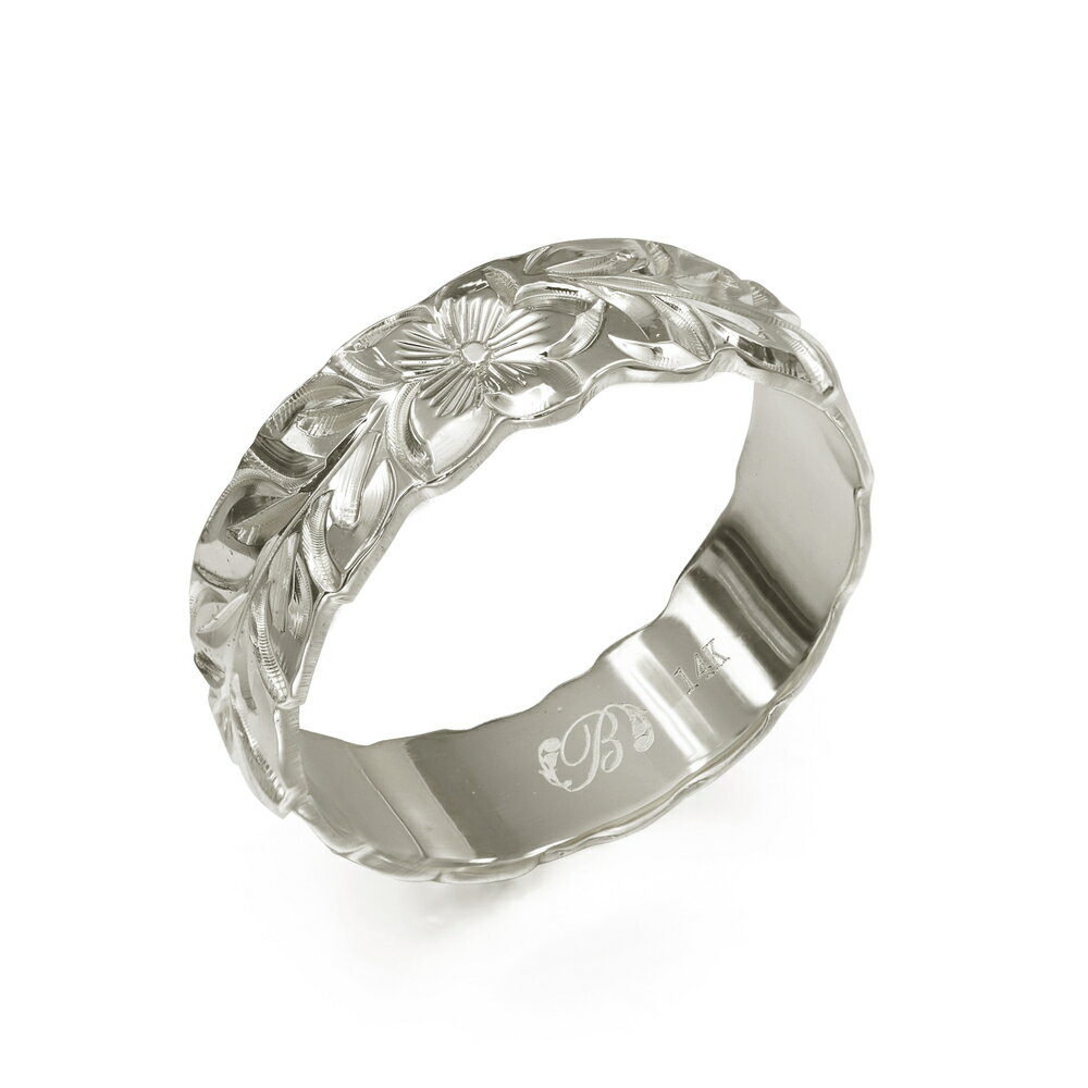 ハワイアンジュエリー オーダーメイド リング 幅6mm 厚み1.2mm バレル 14Kホワイトゴールド マイレリーフ カットアウト オーダーメイド リング 指輪...