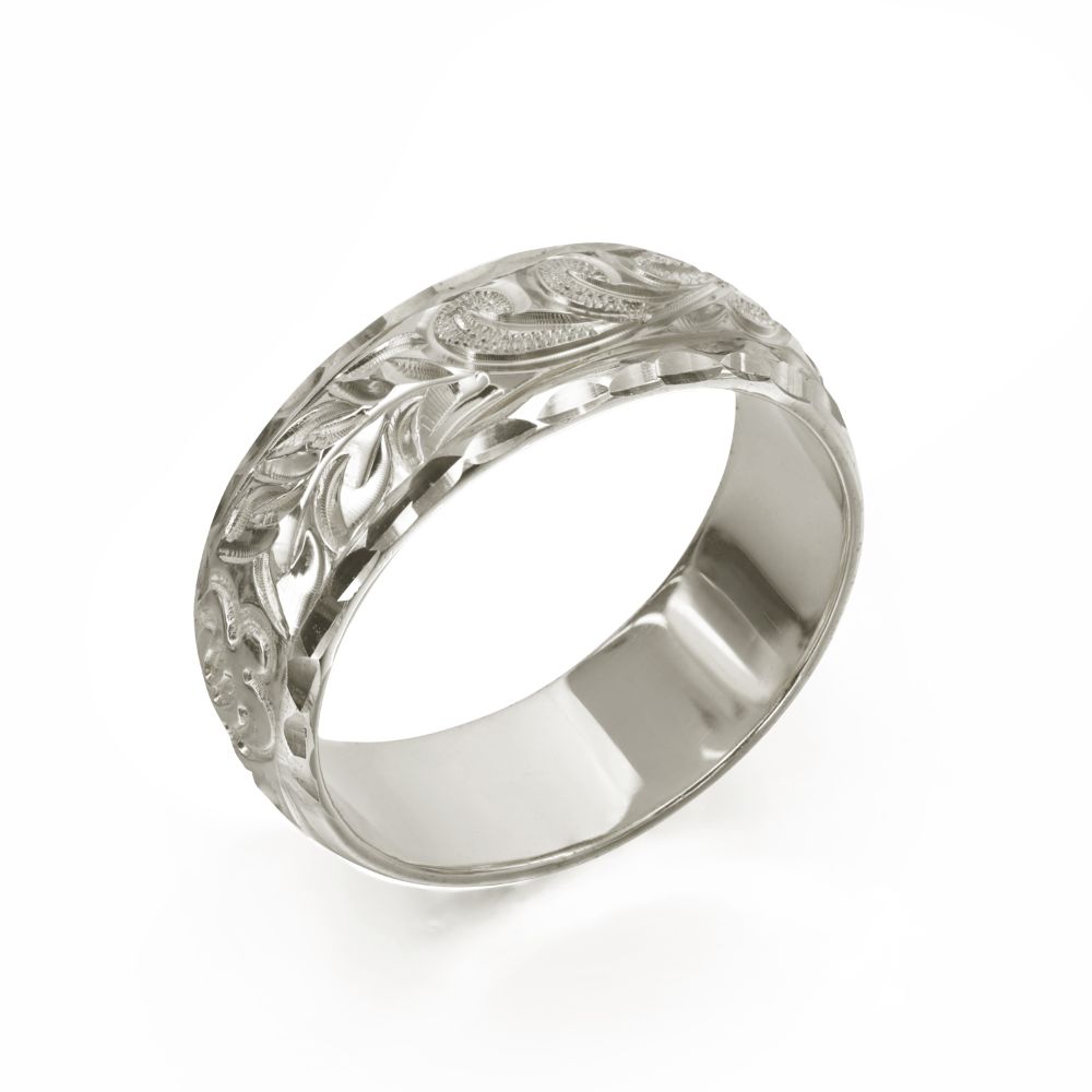 ハワイアンジュエリー オーダーメイド リング 幅6mm 厚み1.2mm バレル 14Kホワイトゴールド マイレ&カレイキニ ダイヤモンドカット オーダーメイド ...