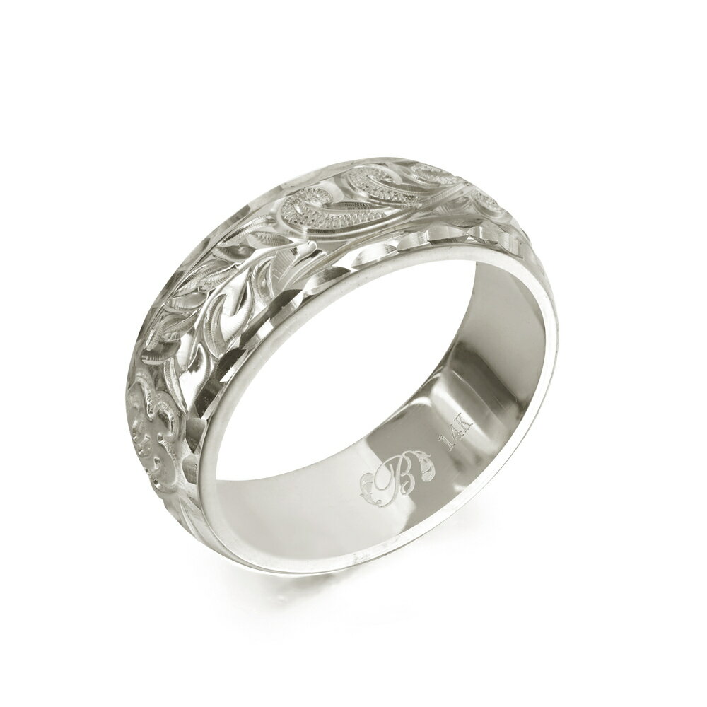 ハワイアンジュエリー オーダーメイド リング 幅6mm 厚み2mm バレル 14Kホワイトゴールド マイレ＆カレイキニ ダイヤモンドカット オーダーメイド リング 指輪 結婚指輪 マリッジリング | メンズ レディース 誕生日 クリスマス プレゼント 【品番：WB6C-C20】