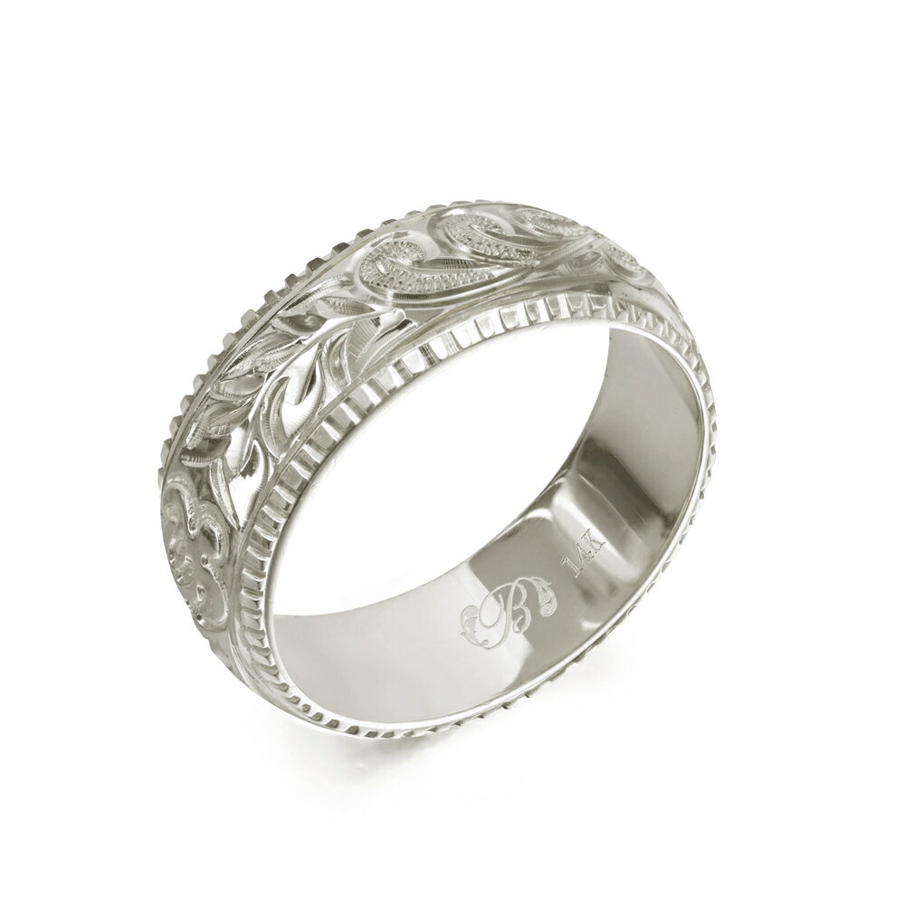 ハワイアンジュエリー オーダーメイド リング 幅6mm 厚み1.2mm バレル 14Kホワイトゴールド マイレ&カレイキニ コインエッジ オーダーメイド リング...