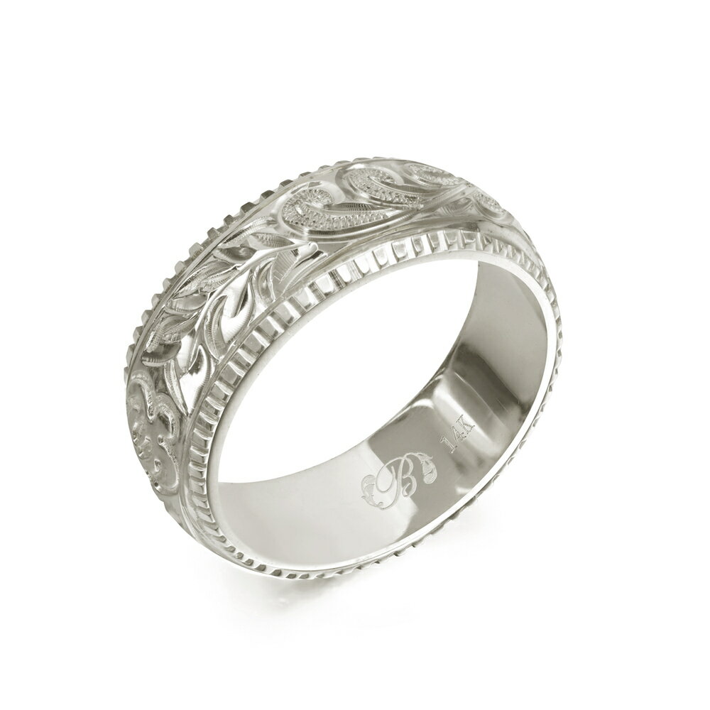 ハワイアンジュエリー オーダーメイド リング 幅6mm 厚み1.5mm バレル 14Kホワイトゴールド マイレ&カレイキニ コインエッジ オーダーメイド リング...