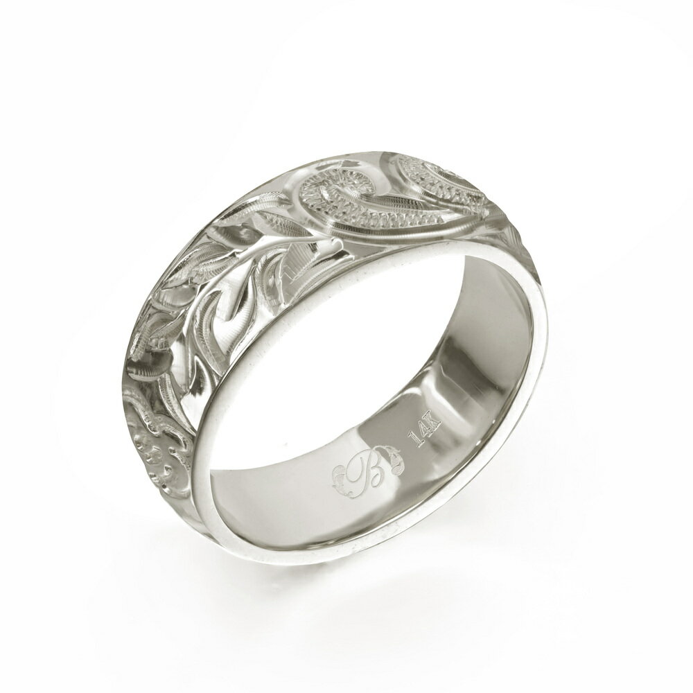 ハワイアンジュエリー オーダーメイド リング 幅6mm 厚み2mm バレル 14Kホワイトゴールド マイレ&カレイキニ ノーエッジ オーダーメイド リング 指輪...