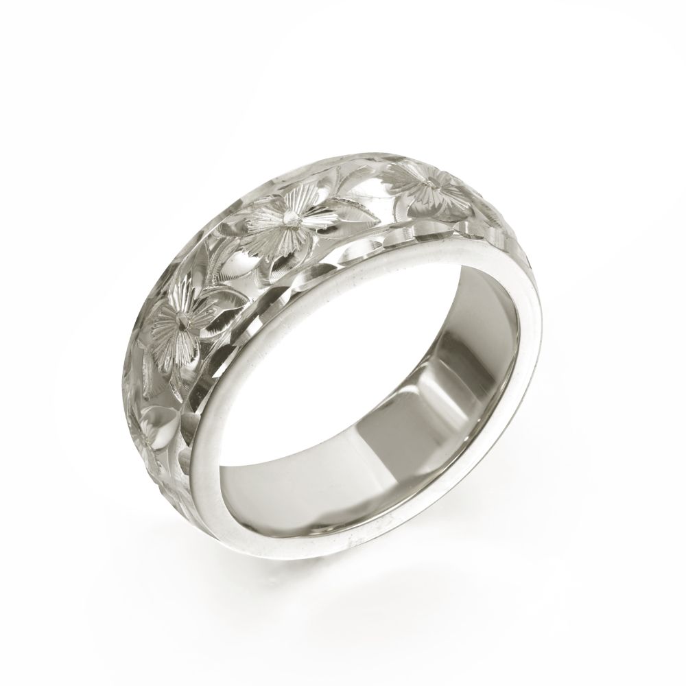 ハワイアンジュエリー オーダーメイド リング 幅6mm 厚み2mm バレル 14Kホワイトゴールド プルメリア ダイヤモンドカット オーダーメイド リング 指輪...