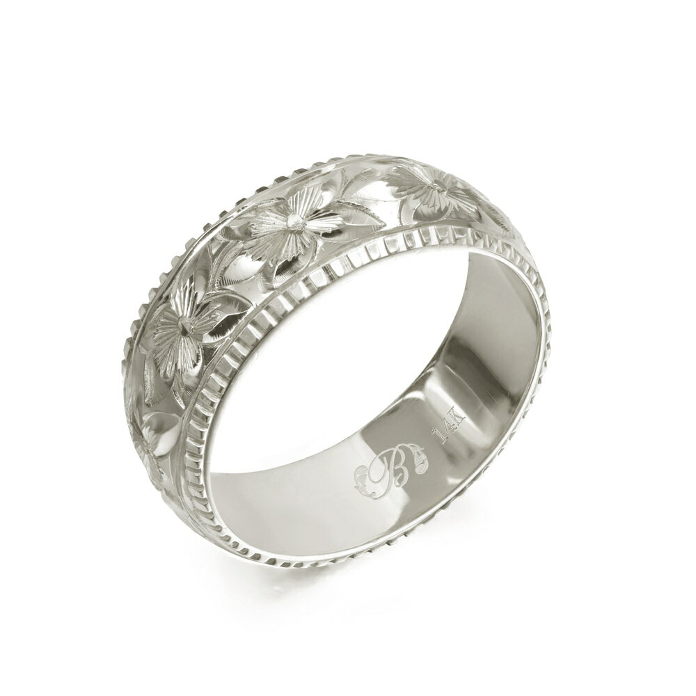 ハワイアンジュエリー オーダーメイド リング 幅6mm 厚み1.2mm バレル 14Kホワイトゴールド プルメリア コインエッジ オーダーメイド リング 指輪 ...