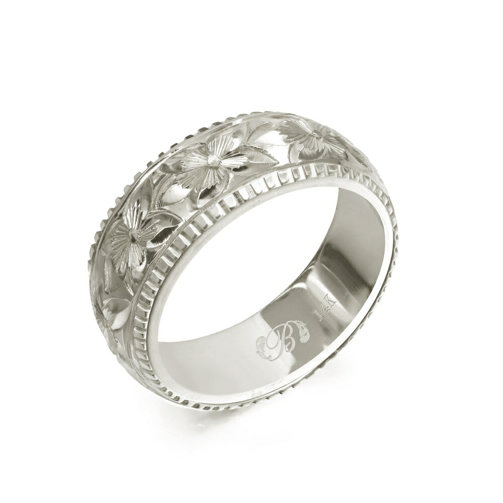 ハワイアンジュエリー オーダーメイド リング 幅6mm 厚み2mm バレル 14Kホワイトゴールド プルメリア コインエッジ オーダーメイド リング 指輪 結婚...