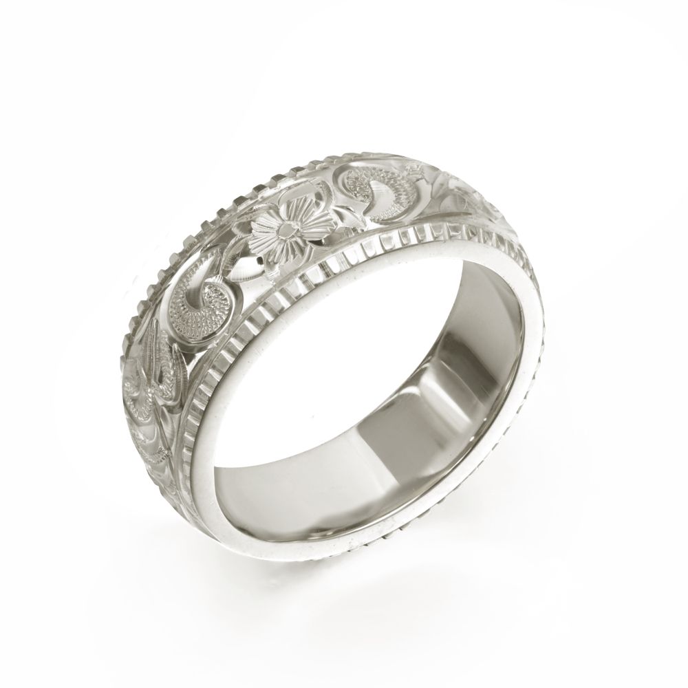 ハワイアンジュエリー オーダーメイド リング 幅6mm 厚み1.5mm バレル 14Kホワイトゴールド カレイキニ コインエッジ オーダーメイド リング 指輪 ...