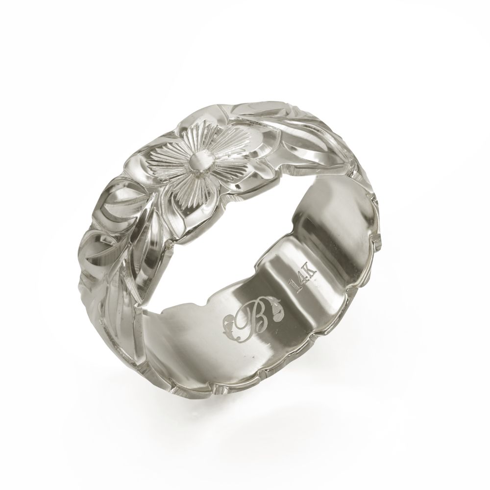 ハワイアンジュエリー オーダーメイド リング 幅8mm 厚み1.2mm バレル 14Kホワイトゴールド マイレリーフ カットアウト オーダーメイド リング 指輪...