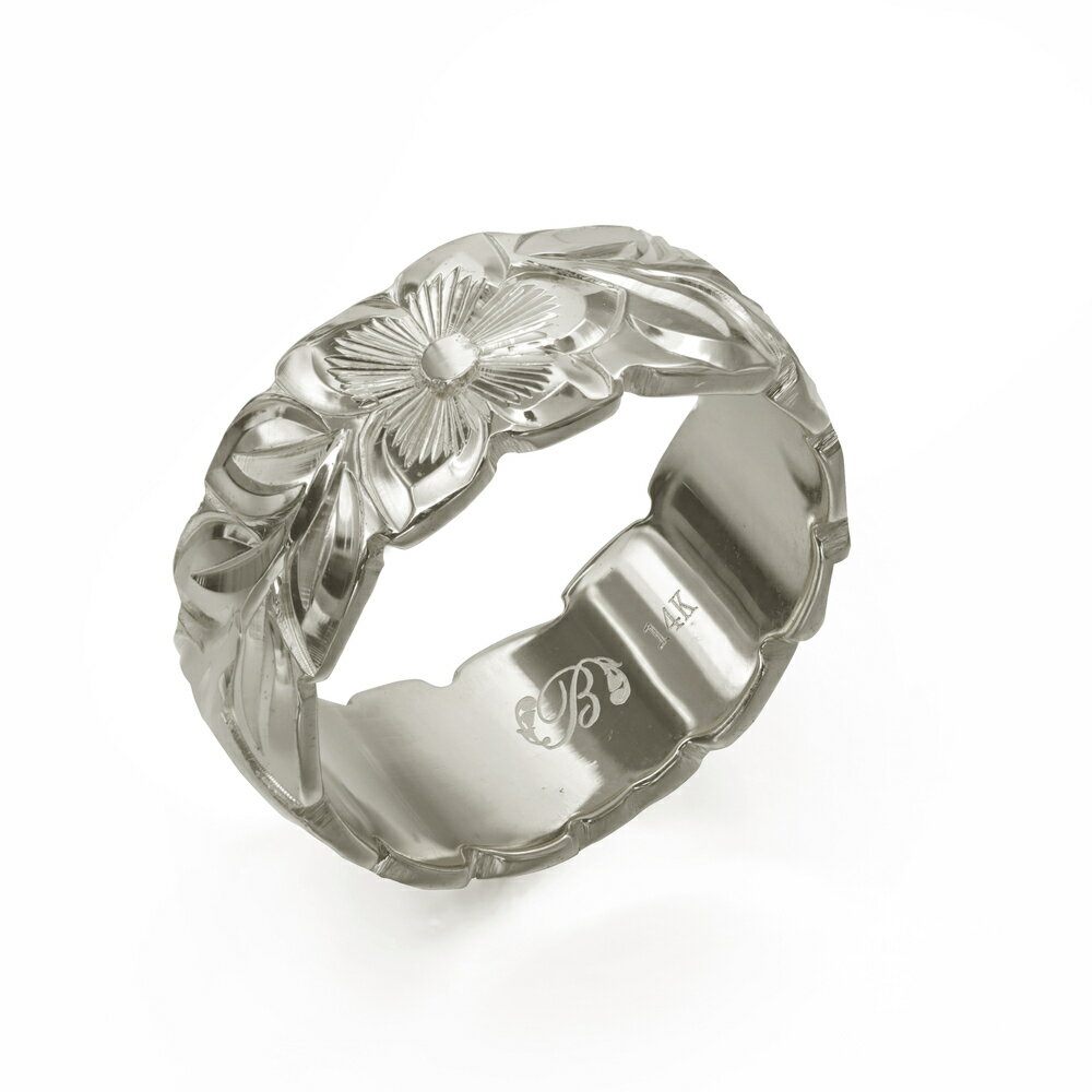 ハワイアンジュエリー オーダーメイド リング 幅8mm 厚み1.5mm バレル 14Kホワイトゴールド マイレリーフ カットアウト オーダーメイド リング 指輪...
