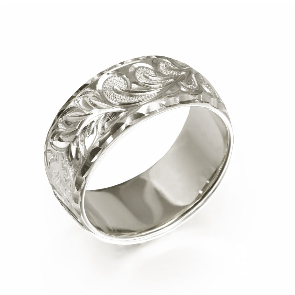 ハワイアンジュエリー オーダーメイド リング 幅8mm 厚み1.2mm バレル 14Kホワイトゴールド マイレ&カレイキニ ダイヤモンドカット オーダーメイド ...