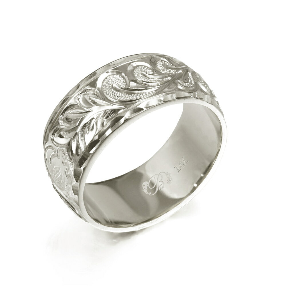 ハワイアンジュエリー オーダーメイド リング 幅8mm 厚み1.5mm バレル 14Kホワイトゴールド マイレ&カレイキニ ダイヤモンドカット オーダーメイド ...