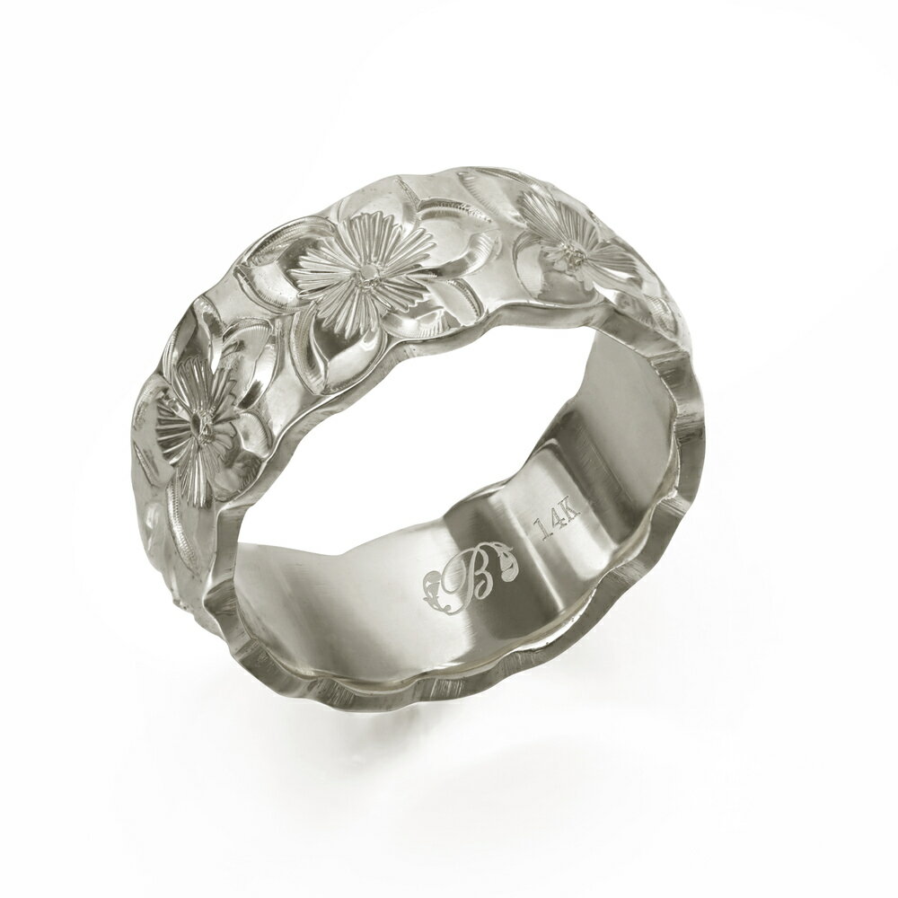 ハワイアンジュエリー オーダーメイド リング 幅8mm 厚み2mm バレル 14Kホワイトゴールド プルメリア カットアウト オーダーメイド リング 指輪 結婚...