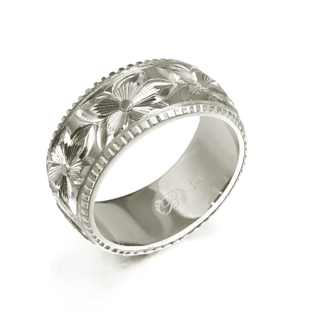ハワイアンジュエリー オーダーメイド リング 幅8mm 厚み1.5mm バレル 14Kホワイトゴールド プルメリア コインエッジ オーダーメイド リング 指輪 ...