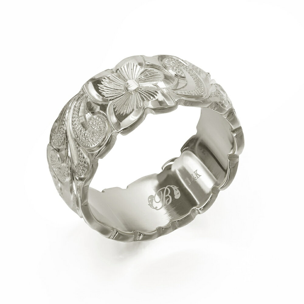 ハワイアンジュエリー オーダーメイド リング 幅8mm 厚み2mm バレル 14Kホワイトゴールド カレイキニ カットアウト オーダーメイド リング 指輪 結婚...