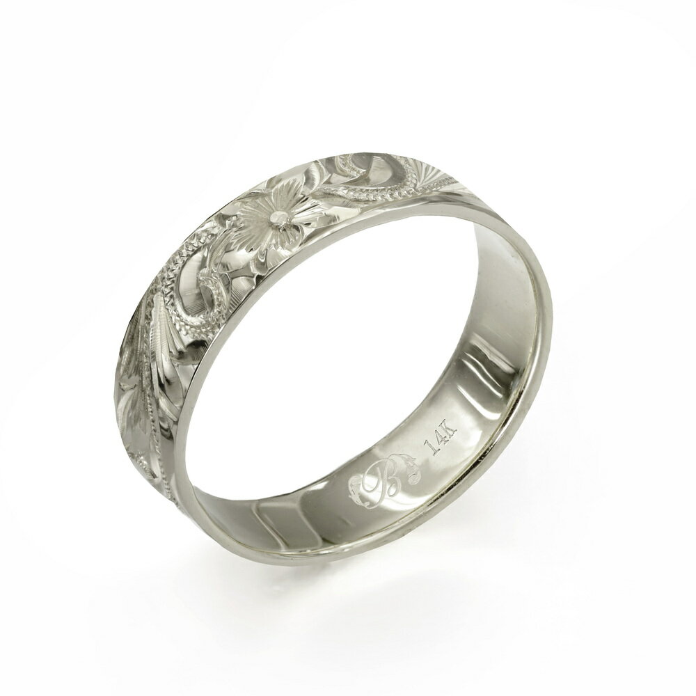 ハワイアンジュエリー オーダーメイド リング 幅4mm 厚み1.2mm フラット 14Kホワイトゴールド スクロール ノーエッジ オーダーメイド リング 指輪 ...