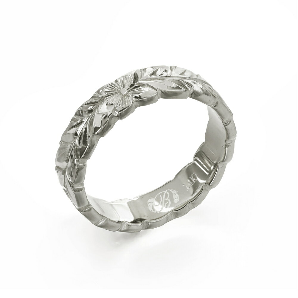 ハワイアンジュエリー オーダーメイド リング 幅4mm 厚み2mm フラット 14Kホワイトゴールド マイレリーフ カットアウト オーダーメイド リング 指輪 ...