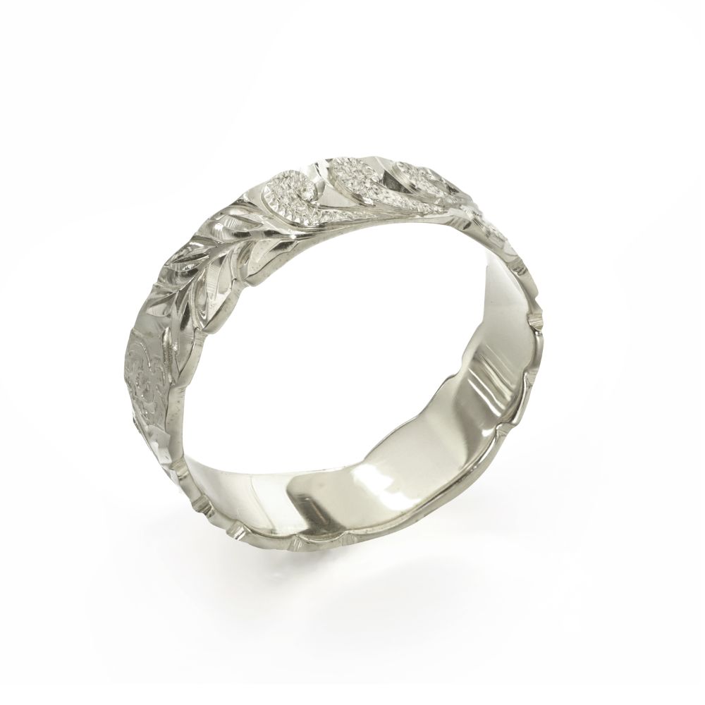 ハワイアンジュエリー オーダーメイド リング 幅4mm 厚み1.2mm フラット 14Kホワイトゴールド マイレ&カレイキニ カットアウト オーダーメイド リン...