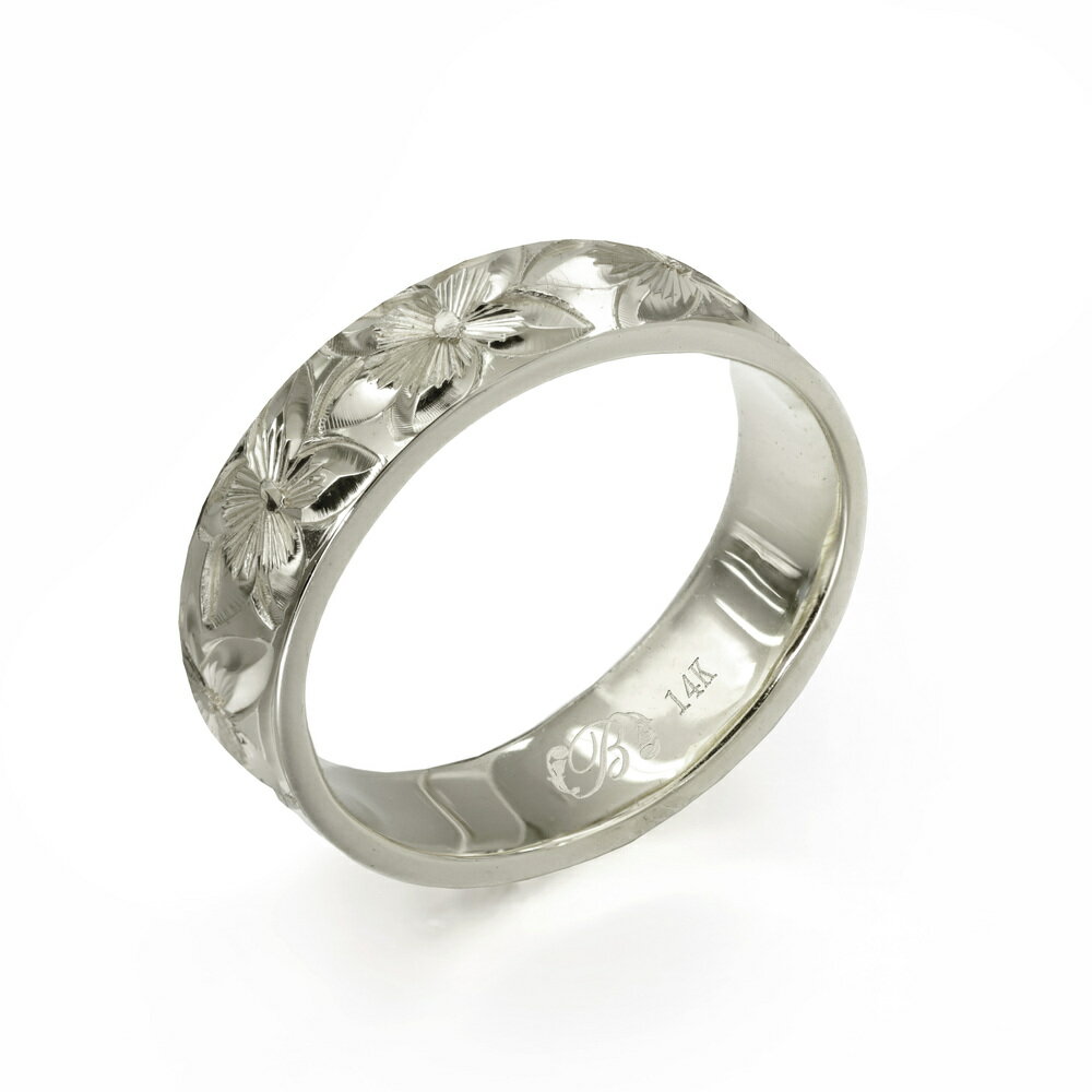 ハワイアンジュエリー オーダーメイド リング 幅4mm 厚み1.5mm フラット 14Kホワイトゴールド プルメリア ノーエッジ オーダーメイド リング 指輪 ...
