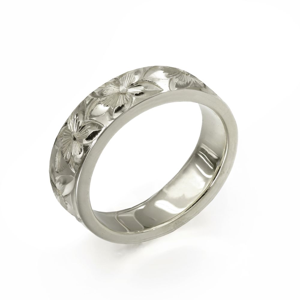 ハワイアンジュエリー オーダーメイド リング 幅4mm 厚み2mm フラット 14Kホワイトゴールド プルメリア ノーエッジ オーダーメイド リング 指輪 結婚...