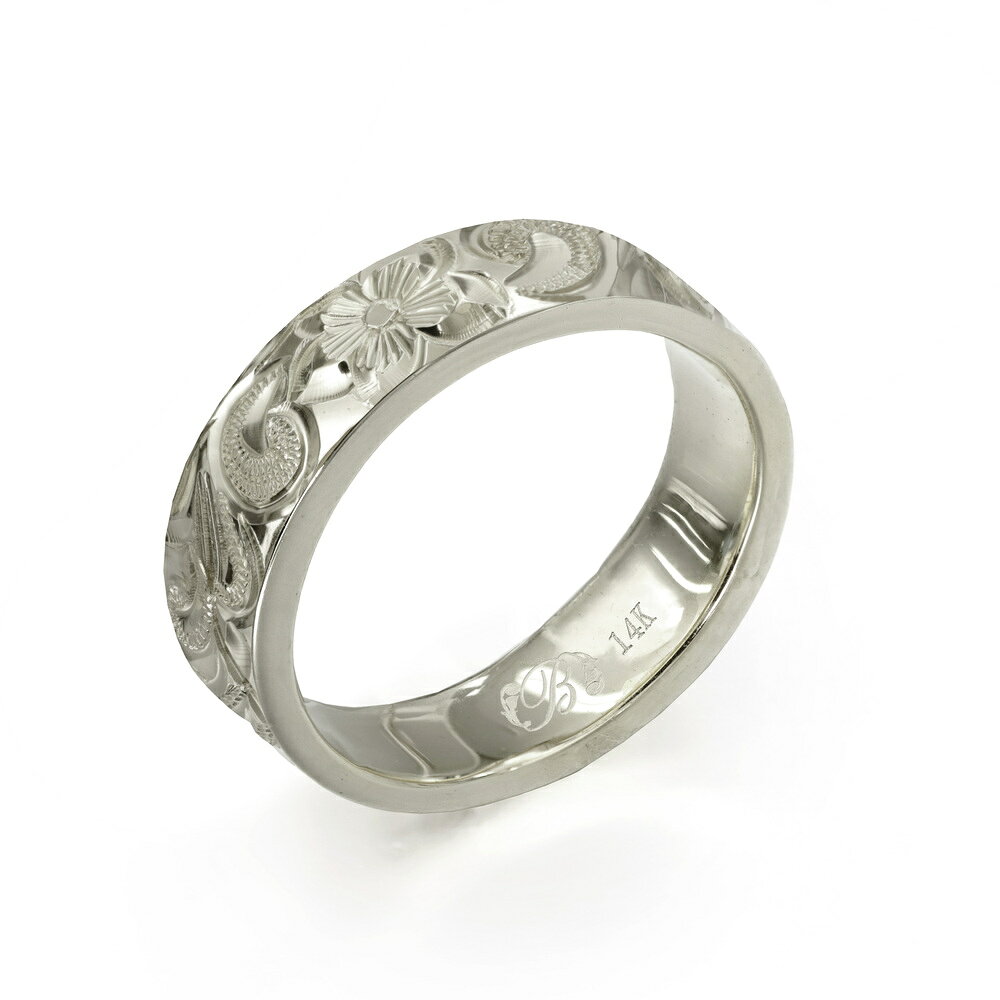 ハワイアンジュエリー オーダーメイド リング 幅4mm 厚み2mm フラット 14Kホワイトゴールド カレイキニ ノーエッジ オーダーメイド リング 指輪 結婚...