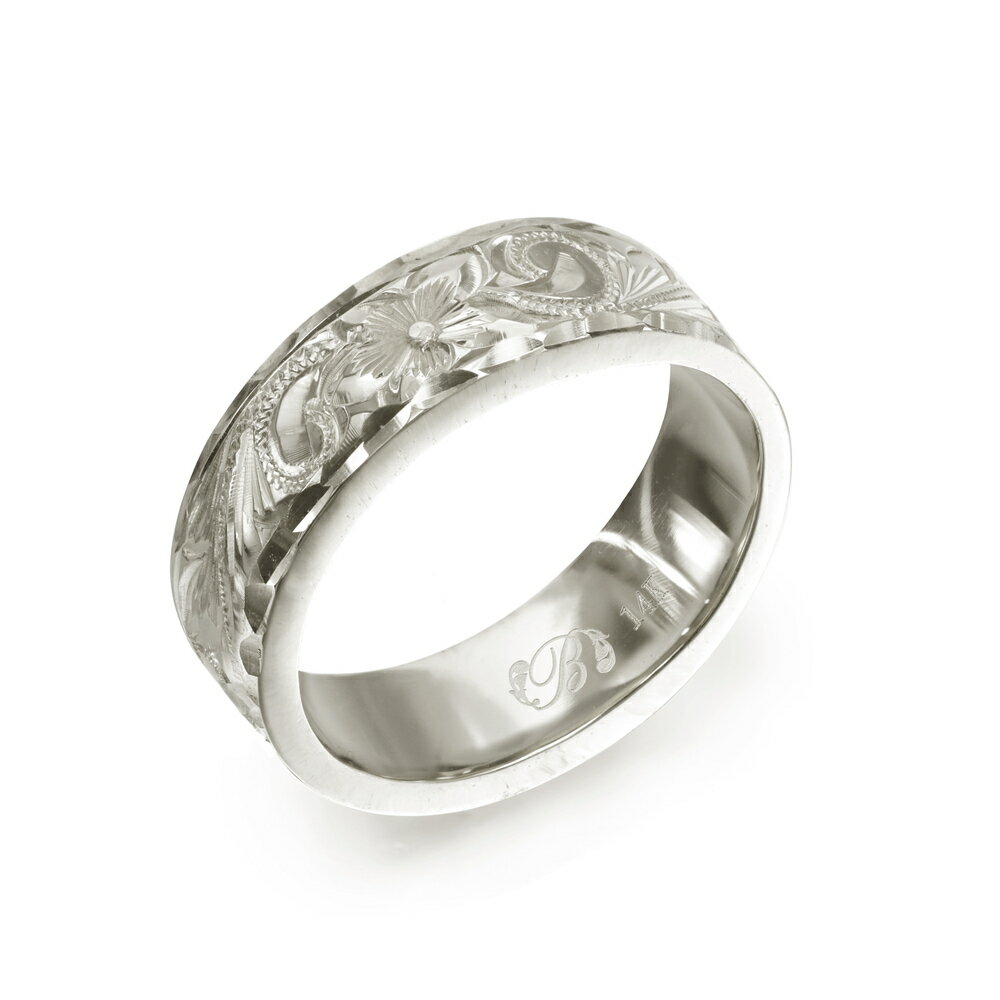 ハワイアンジュエリー オーダーメイド リング 幅6mm 厚み2mm フラット 14Kホワイトゴールド スクロール ダイヤモンドカット オーダーメイド リング 指...
