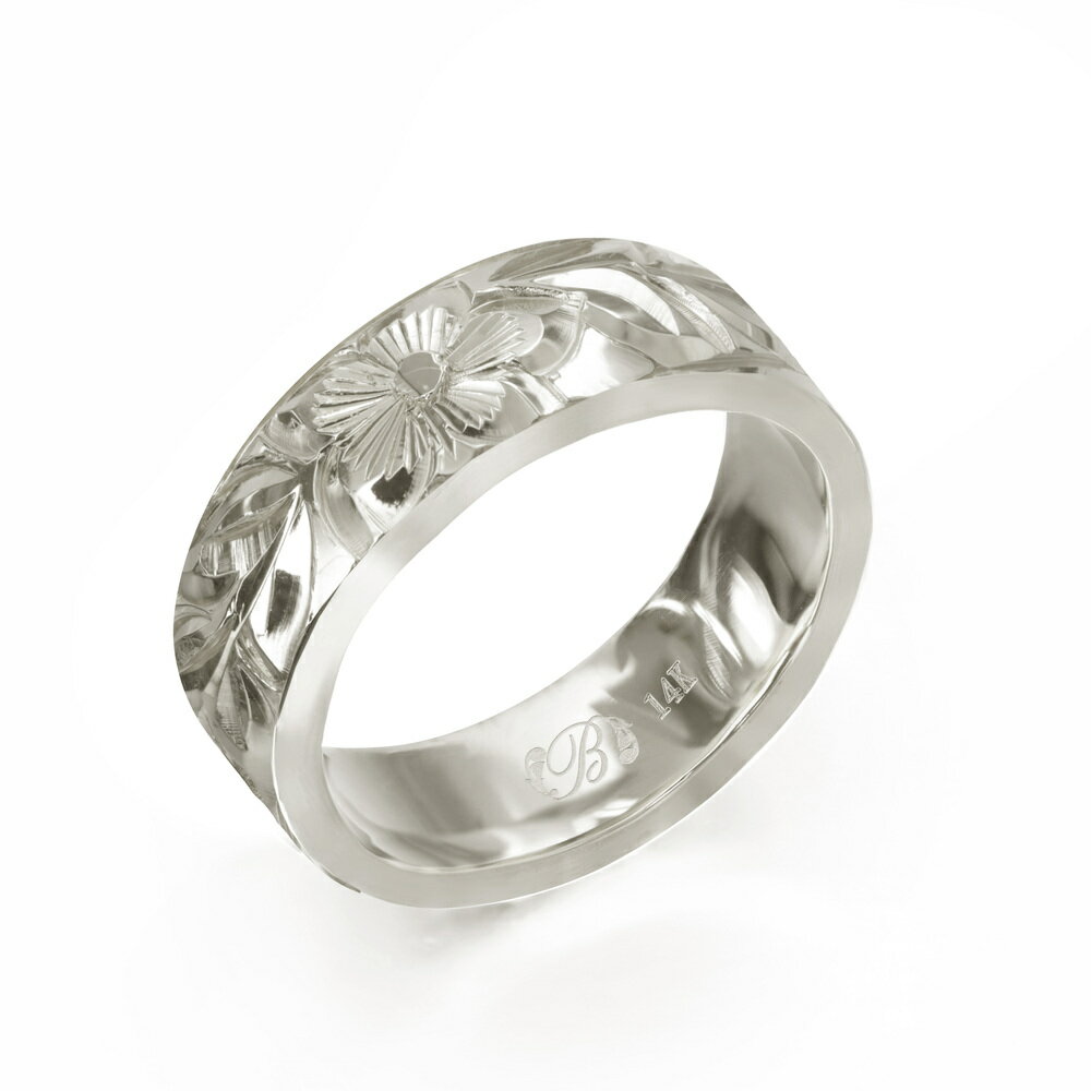ハワイアンジュエリー オーダーメイド リング 幅6mm 厚み2mm フラット 14Kホワイトゴールド マイレリーフ ノーエッジ オーダーメイド リング 指輪 結...